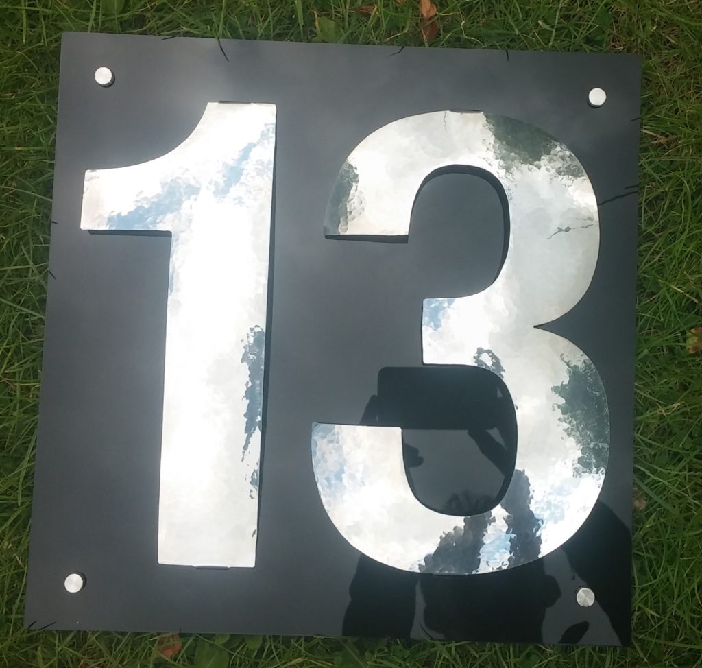 aluminium, house number, planished, polished, postman's best friend