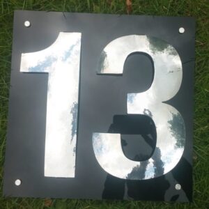 aluminium, house number, planished, polished, postman's best friend