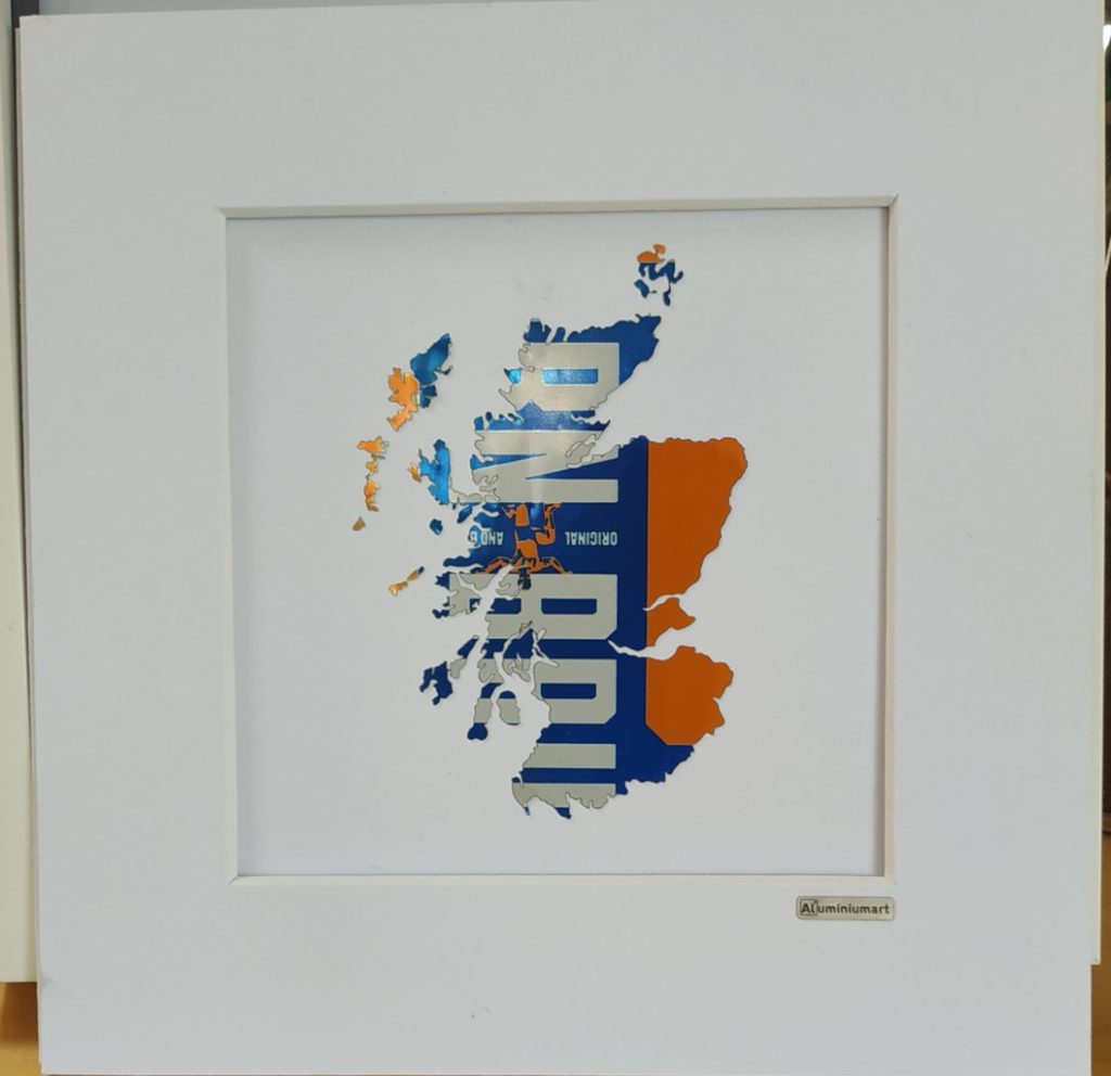 Aluminiumart aluminium can art Scotland Irn Bru Country mounted small